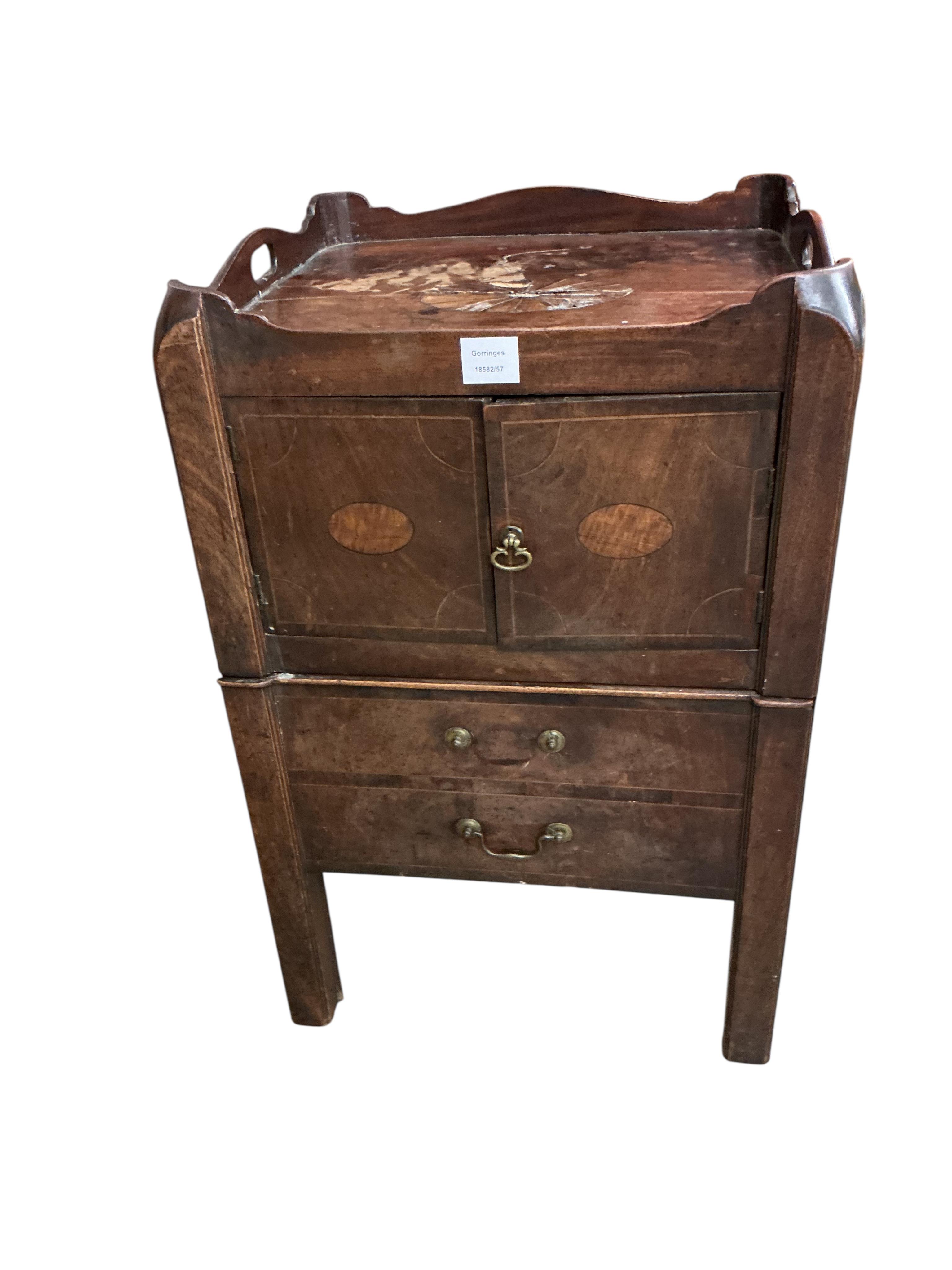 A George III inlaid mahogany tray top bedside cabinet, width 50cm, depth 46cm, height 77cm